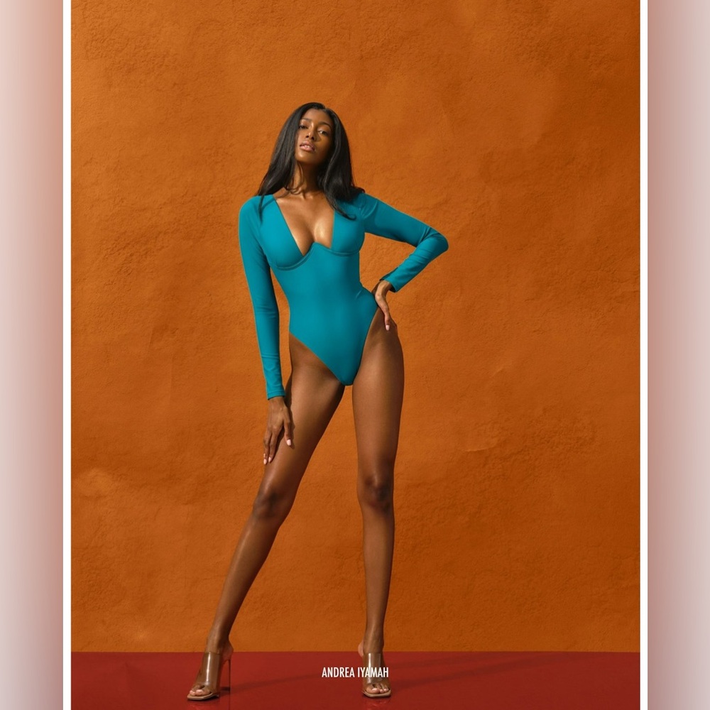 Andrea Iyamah Teal Long Sleeve One Piece